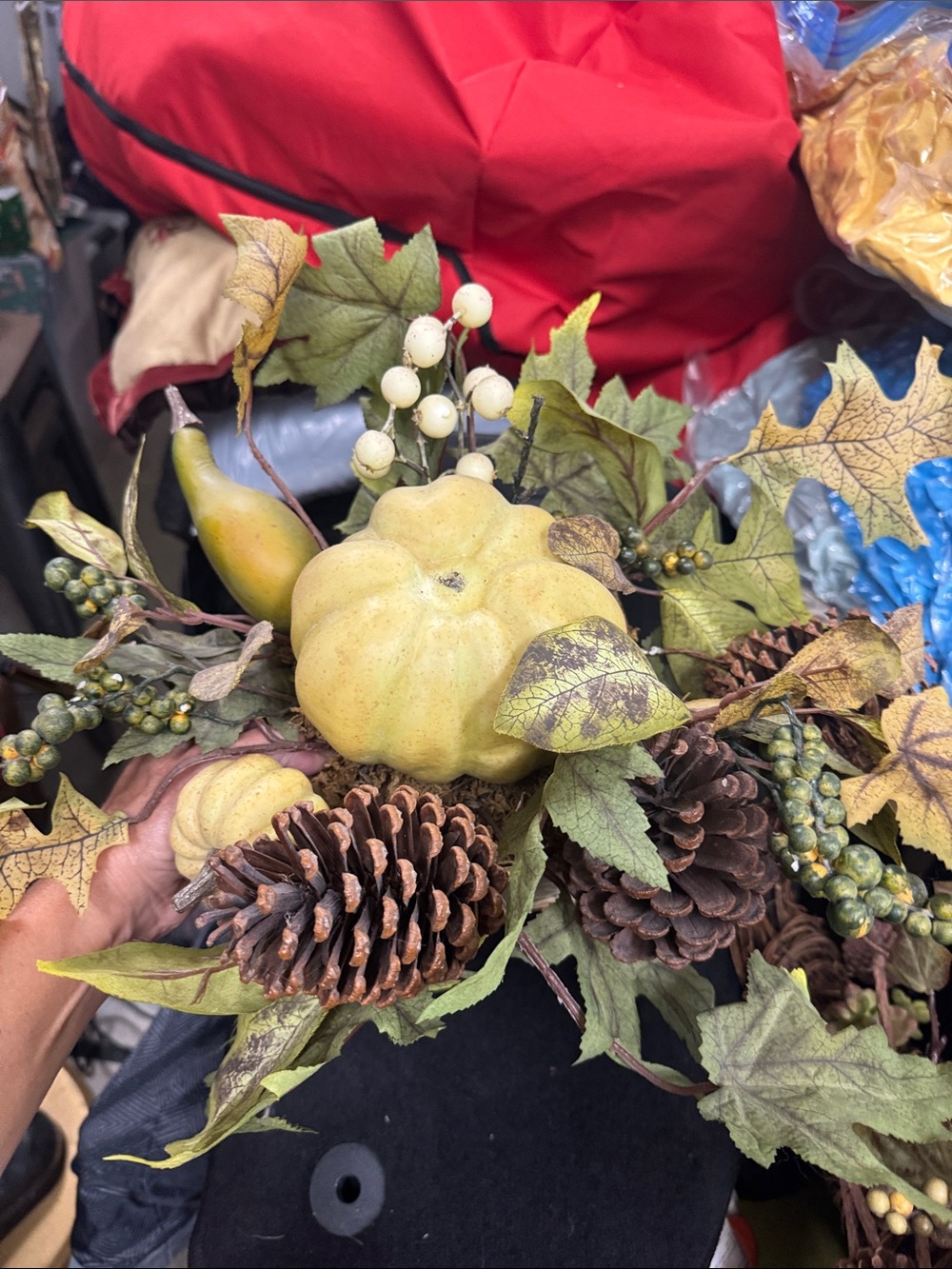 Autumn Harvest Cornucopia Wreath - Green and Brown Foliage - Picture 5 of 6